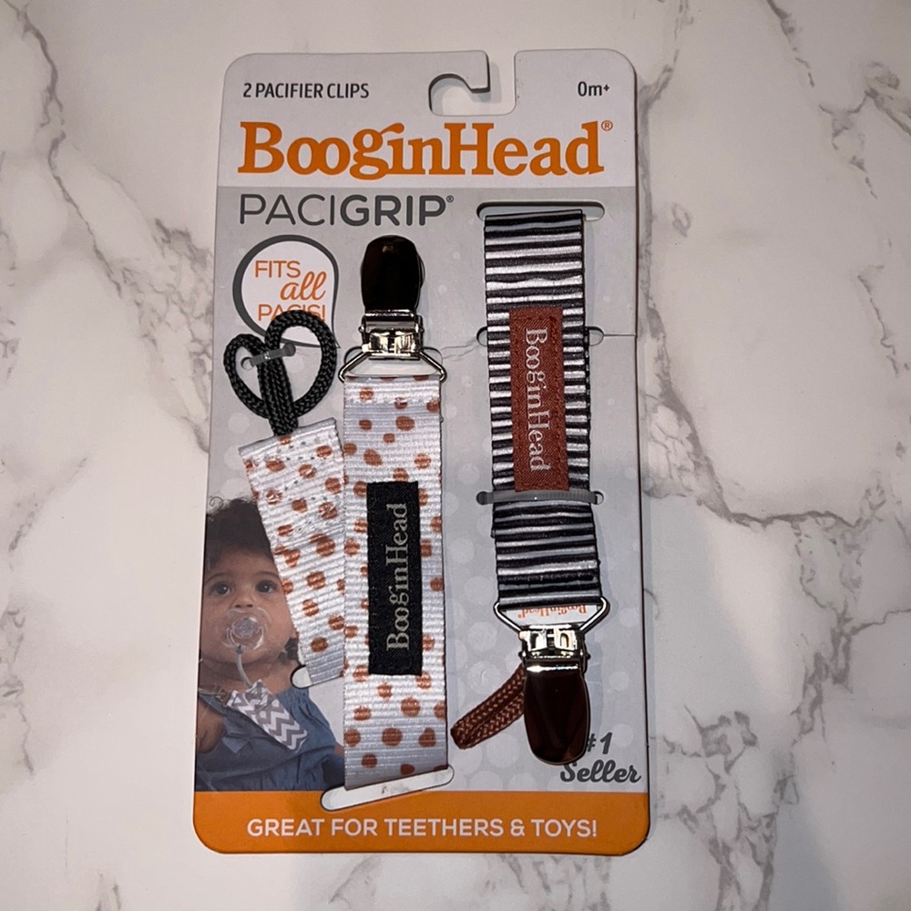NWT BooginHead PaciGrip - Black&White
Stripes/Terracotta Dots - 2pk